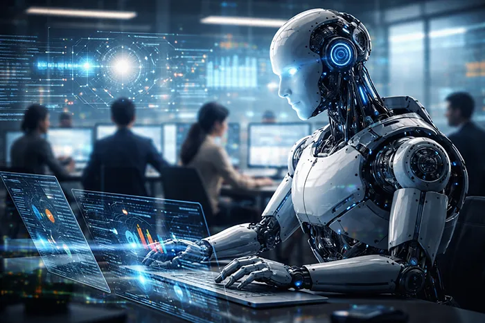 Agente de inteligencia artificial analizando datos y tomando decisiones de forma autónoma en un entorno de trabajo empresarial