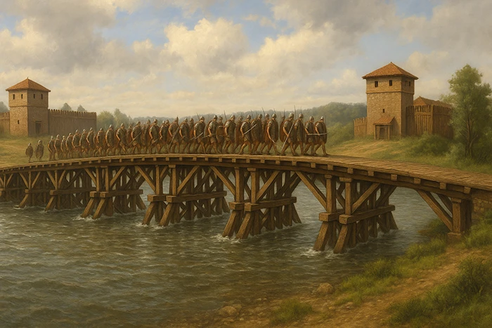 Ilustración realista de un puente romano de madera sobre el Rin con legionarios marchando, flanqueado por torres y fortificaciones en la ribera.
