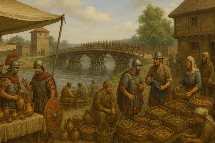 Ilustración realista de un mercado romano en la ribera del Rin, con soldados y comerciantes intercambiando productos frente a un puente de madera y fortificaciones.