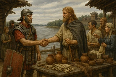 Ilustración realista de un comerciante germano estrechando la mano de un soldado romano junto al Rin, rodeados de cerámicas, tejidos y una balanza de trueque.
