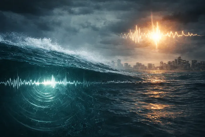 Representación visual de sonidos oceánicos registrados por la ciencia, con ondas acústicas emergiendo del mar frente a una ciudad, simbolizando fenómenos reales que pusieron a prueba el conocimiento científico