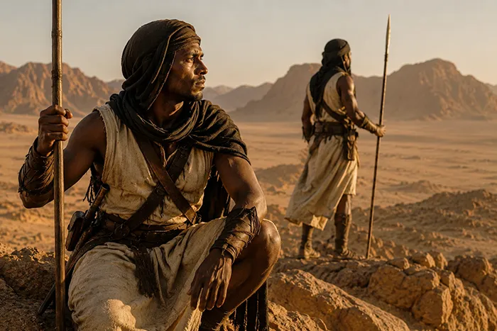 Medjay vigilando el desierto del Antiguo Egipto durante una patrulla en una zona rocosa cercana al Valle de los Reyes.