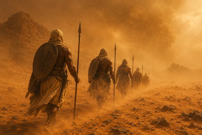 Patrulla de guerreros Medjay avanzando por el desierto egipcio durante una tormenta de arena.