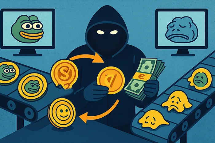 Ilustración de estilo digital que muestra a una figura encapuchada manipulando criptomonedas con símbolos ficticios, transformándolas en dinero en efectivo, mientras en una cinta aparecen emojis deformados; en pantallas al fondo, memes digitales tristes y sonrientes. Representa el fraude con memecoins.