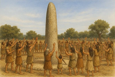 Ilustración que muestra a un grupo de personas del Neolítico realizando un ritual en torno a un Menhir.