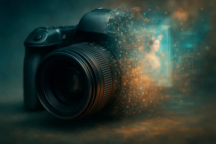 Cámara réflex transformándose en código digital, símbolo de la fusión entre fotografía e inteligencia artificial.