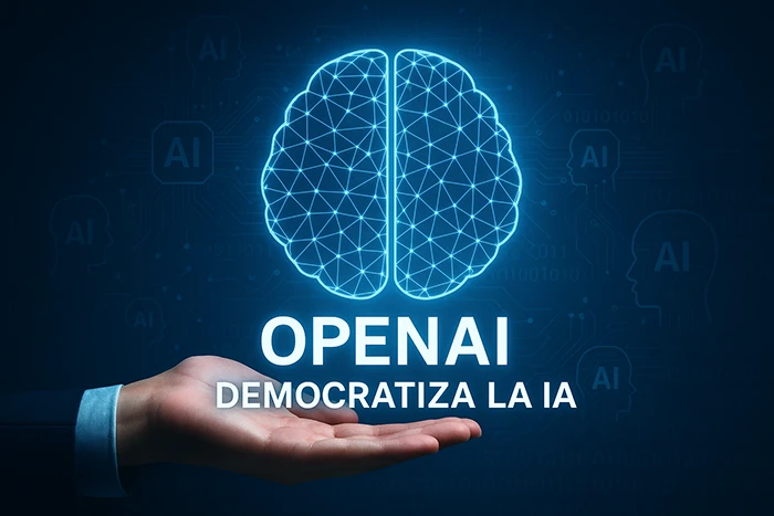 Openai democratiza la ia con una mano abierta sosteniendo un cerebro digital conectado sobre fondo azul tecnológico