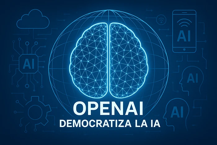 Ilustración de cerebro brillante conectado a una red global con íconos de inteligencia artificial y texto openai democratiza la ia