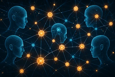 Representación de inteligencias artificiales con rostros humanos interconectados mediante nodos luminosos en una red neuronal