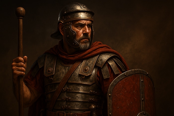 Retrato de optio romano con armadura de placas, escudo y bastón de mando.