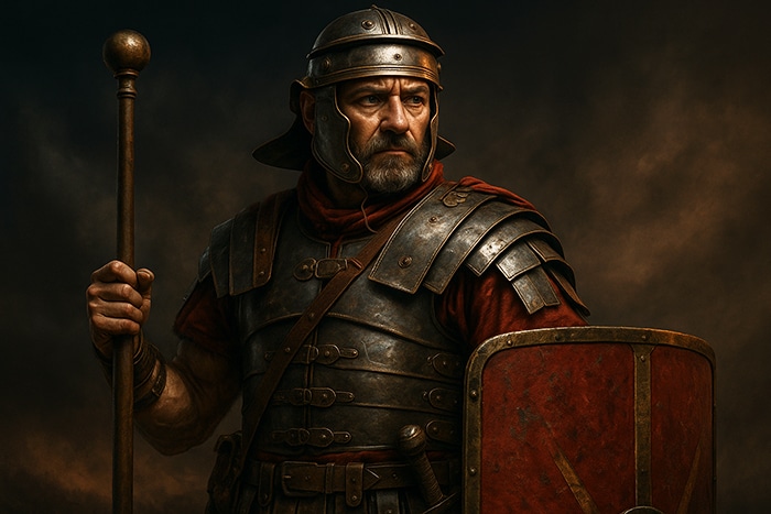 Soldado optio romano con expresión seria, equipado con armadura, escudo y bastón.