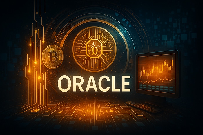 Representación de un oráculo blockchain con símbolos de Bitcoin, gráficos en pantalla y conexiones digitales.