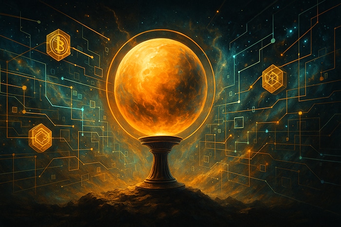 Esfera dorada brillante sobre pedestal, rodeada de circuitos digitales y símbolos de blockchain en un entorno cósmico futurista.