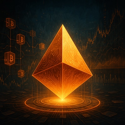 Tetraedro luminoso flotante de color ámbar con textura de circuitos, rodeado de iconos de Bitcoin y gráficos financieros.