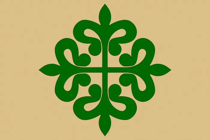 Cruz de la Orden de Alcántara, cruz griega flordelisada en verde sobre fondo beige.