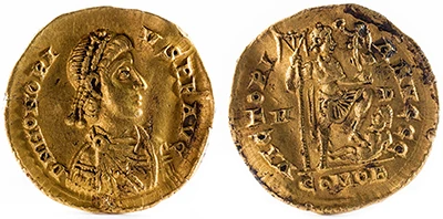Moneda romana de oro. Solido del emperador Honorio.