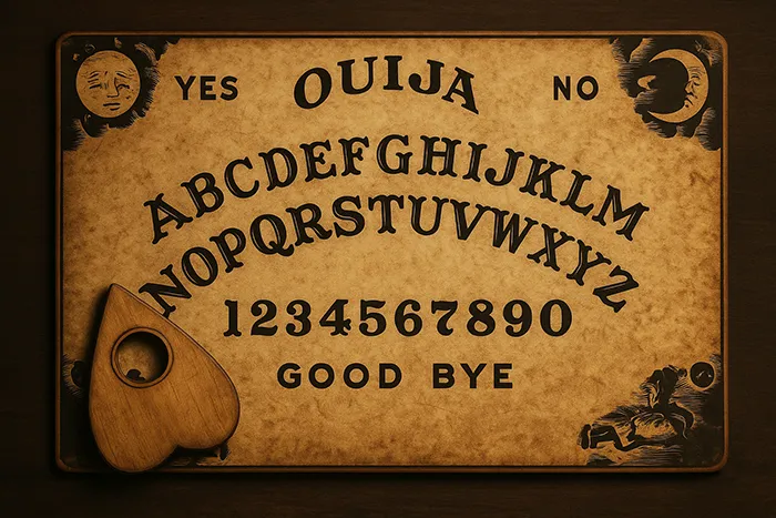 Tablero de Ouija clásico de madera con plancheta, visto desde arriba sobre mesa oscura, en estilo vintage y realista.