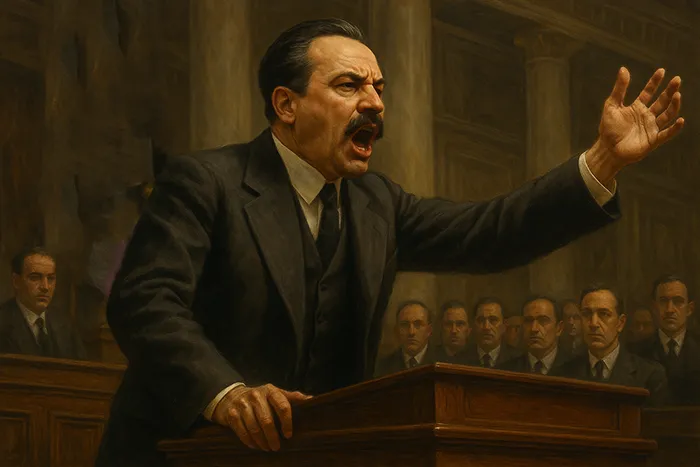 Alejandro Lerroux en la tribuna, arengando con gesto apasionado ante los diputados. Ilustración artística ultrarrealista inspirada en el Partido Republicano Radical.
