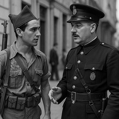 Policia municipal y miliciano generada por IA