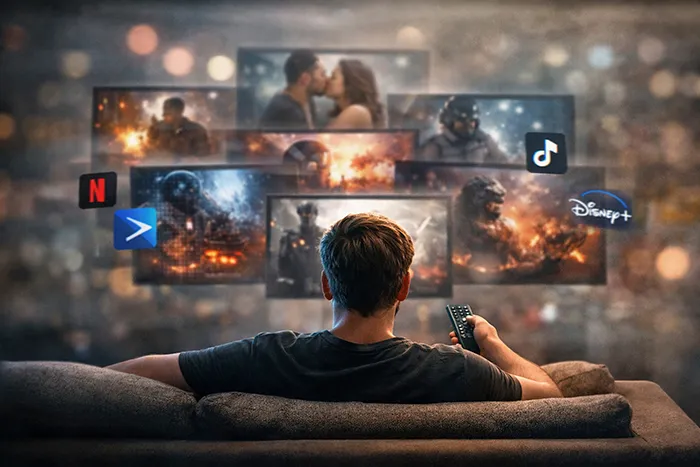 Hombre viendo multiples peliculas en streaming sin recordar peliculas en sofa