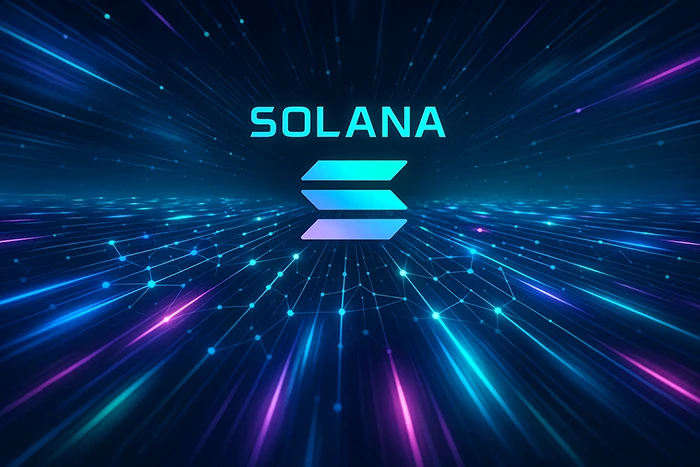 Logo de Solana brillando sobre un fondo digital de nodos y conexiones en alta velocidad