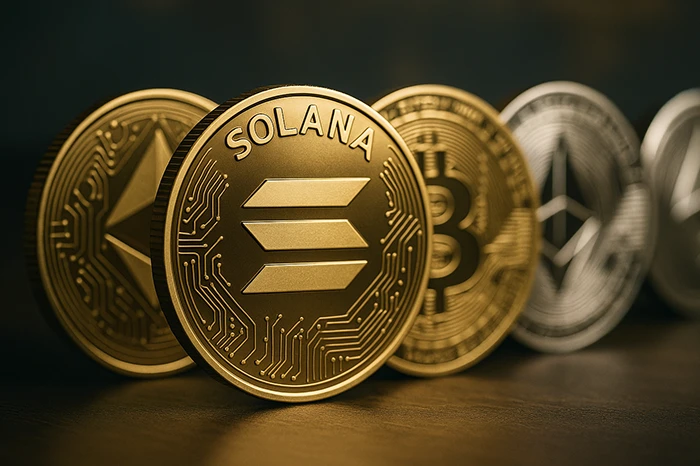Representación física de la criptomoneda SOL de Solana junto a Ethereum y Bitcoin