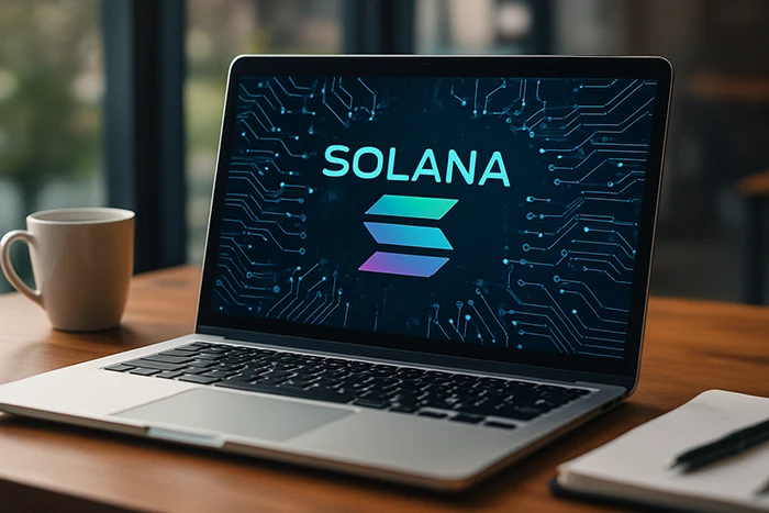 Logo de Solana en la pantalla de un portátil en un entorno de trabajo tecnológico