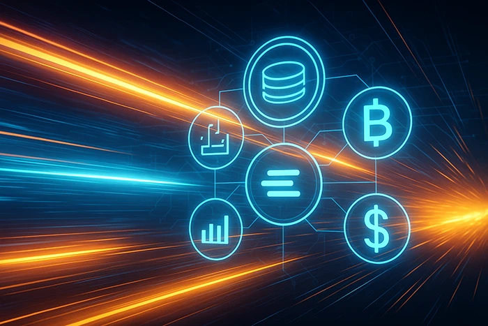 lustración digital futurista de una red blockchain con iconos de activos financieros y criptomonedas (Bitcoin, dólar y otros) conectados por líneas luminosas azules y naranjas, que transmiten velocidad en las transacciones.