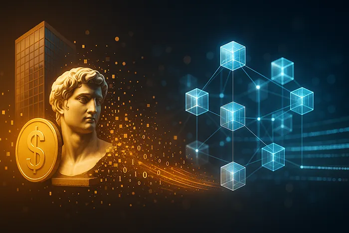 Representación digital ultrarrealista del proceso de tokenización de activos, con una escultura clásica, monedas doradas y un edificio que se transforman en partículas luminosas conectadas a una red blockchain azul.