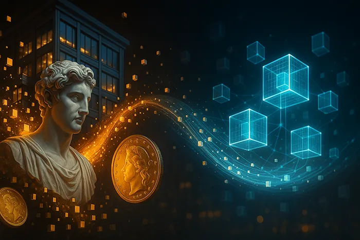Ilustración ultrarrealista de la digitalización de activos físicos, con una escultura clásica y una moneda dorada que se disuelven en datos binarios que fluyen hacia una red de cubos luminosos de blockchain.