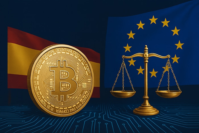 Ilustración de una moneda Bitcoin entre las banderas de España y la Unión Europea, con una balanza dorada sobre un fondo digital, representando la regulación institucional de criptoactivos.