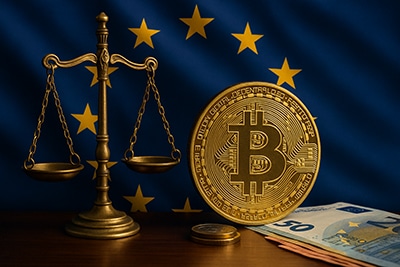 Balanza de justicia junto a una moneda Bitcoin y billetes de euro sobre fondo de la bandera europea, simbolizando el marco legal y financiero de los criptoactivos en Europa.