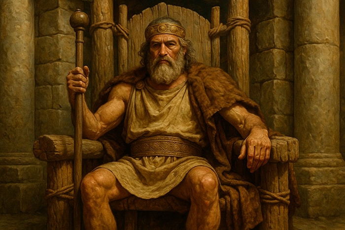 Rey Argantonio sentado en un trono alto flanqueado por columnas, con vestimenta de lino y capa de piel, en una postura autoritaria.