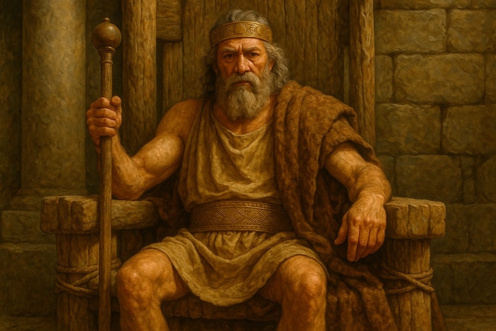 Representación del rey Argantonio en su trono de piedra, con cetro, corona y expresión solemne en un entorno palaciego de piedra.
