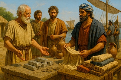 Intercambio comercial entre tartesios y fenicios, con lingotes de plata, tejidos y ánforas junto a un puerto fluvial.