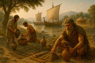Tartesios descargando mercancías en la ribera de un río, con barcos de vela al fondo y ánforas alineadas en la orilla.