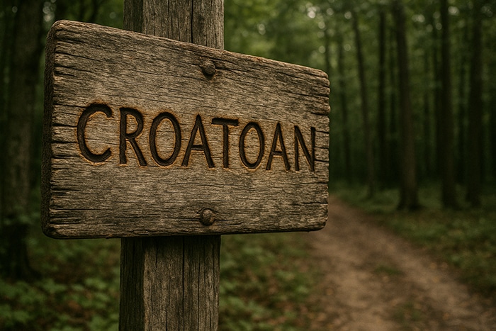 Cartel de madera con la palabra "CROATOAN" tallada, en medio de un sendero boscoso, pista clave en el enigma de la colonia perdida.