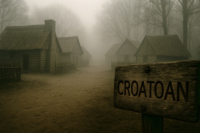 Aldea colonial desierta envuelta en niebla con un cartel de madera que dice "CROATOAN", simbolizando el misterio de Roanoke.