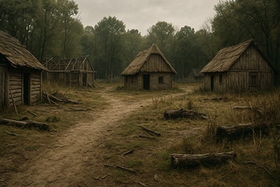 Asentamiento colonial abandonado entre árboles, con chozas de madera en ruinas, representando la desaparición de la colonia de Roanoke.