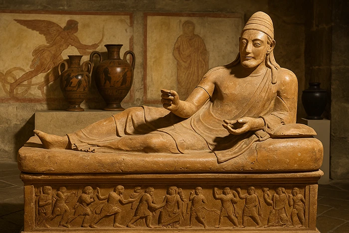 Sarcófago etrusco en terracota con figura reclinada y relieves en los laterales, símbolo del arte funerario etrusco. Imagen generada con IA.