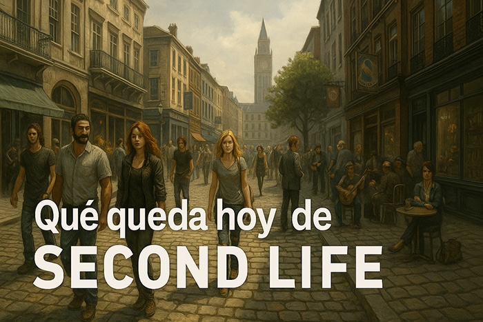 Avatares caminando por una ciudad virtual, reflejo del entorno social de Second Life en 2025.