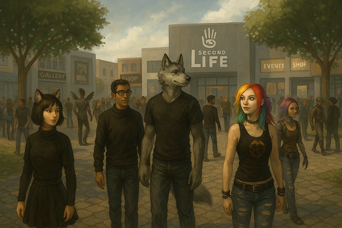 Avatares sociales frente a un centro virtual de eventos y tiendas en el mundo de Second Life.