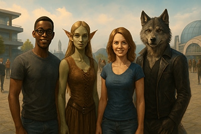Grupo de avatares variados de Second Life, incluyendo un humano, una elfa, una mujer y un hombre lobo.