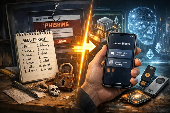 Ilustración ultrarrealista sobre seguridad en wallets cripto: transición de seed phrase vulnerable a smart wallet con passkey y biometría.