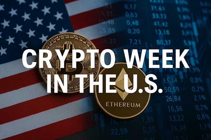 Bandera de EE. UU. con monedas de Bitcoin y Ethereum en primer plano, gráficos financieros de fondo y el texto “Crypto Week in the U.S.” superpuesto.