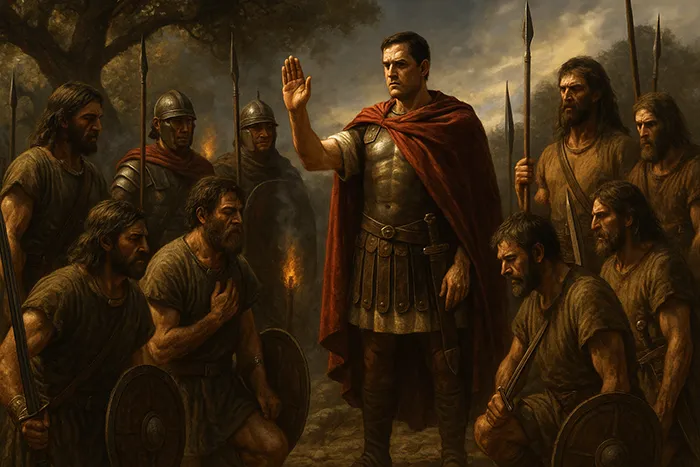 Ilustración histórica de Sertorio, general romano, recibiendo el juramento de devotio de guerreros celtíberos armados con espadas y escudos, en una escena solemne.