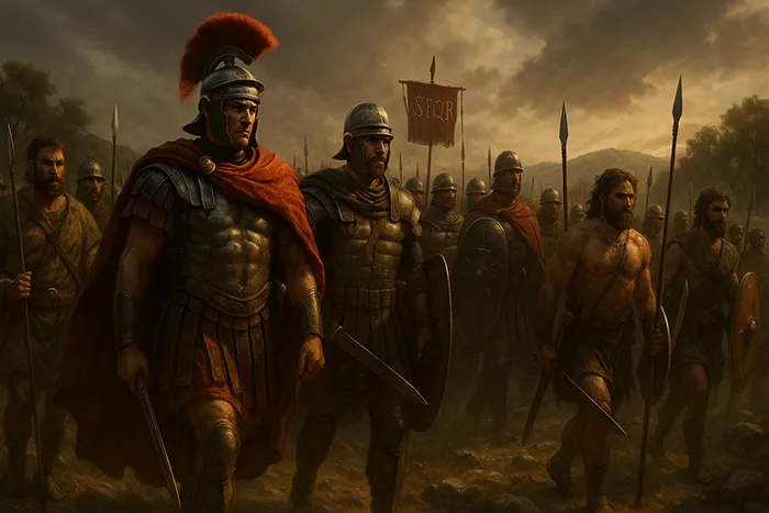 Ilustración épica de Sertorio al frente de un ejército romano acompañado por aliados celtíberos, con legionarios en formación y estandartes SPQR, avanzando hacia la batalla.