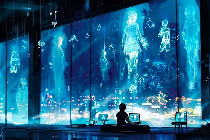 Ilustración digital de una persona sola frente a pantallas y figuras holográficas en una ciudad futurista, representando la soledad digital y la hiperconexión.