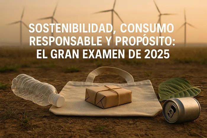 Bolsa reutilizable con un paquete envuelto en papel kraft, una botella de plástico y una lata sobre tierra seca, con aerogeneradores al fondo al atardecer, simbolizando sostenibilidad y consumo responsable en 2025.