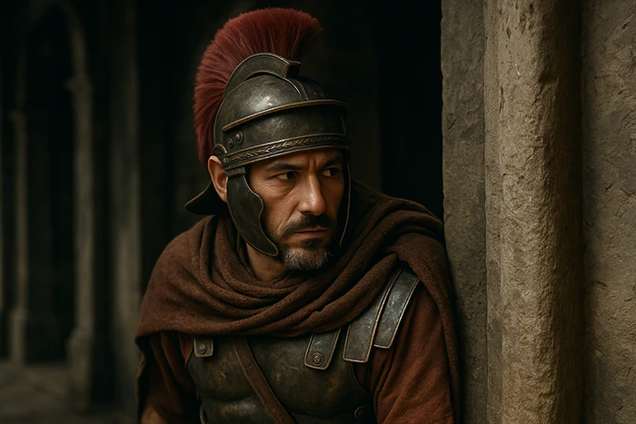 Soldado romano speculator en actitud de vigilancia, con casco y armadura, oculto tras una columna en Roma.
